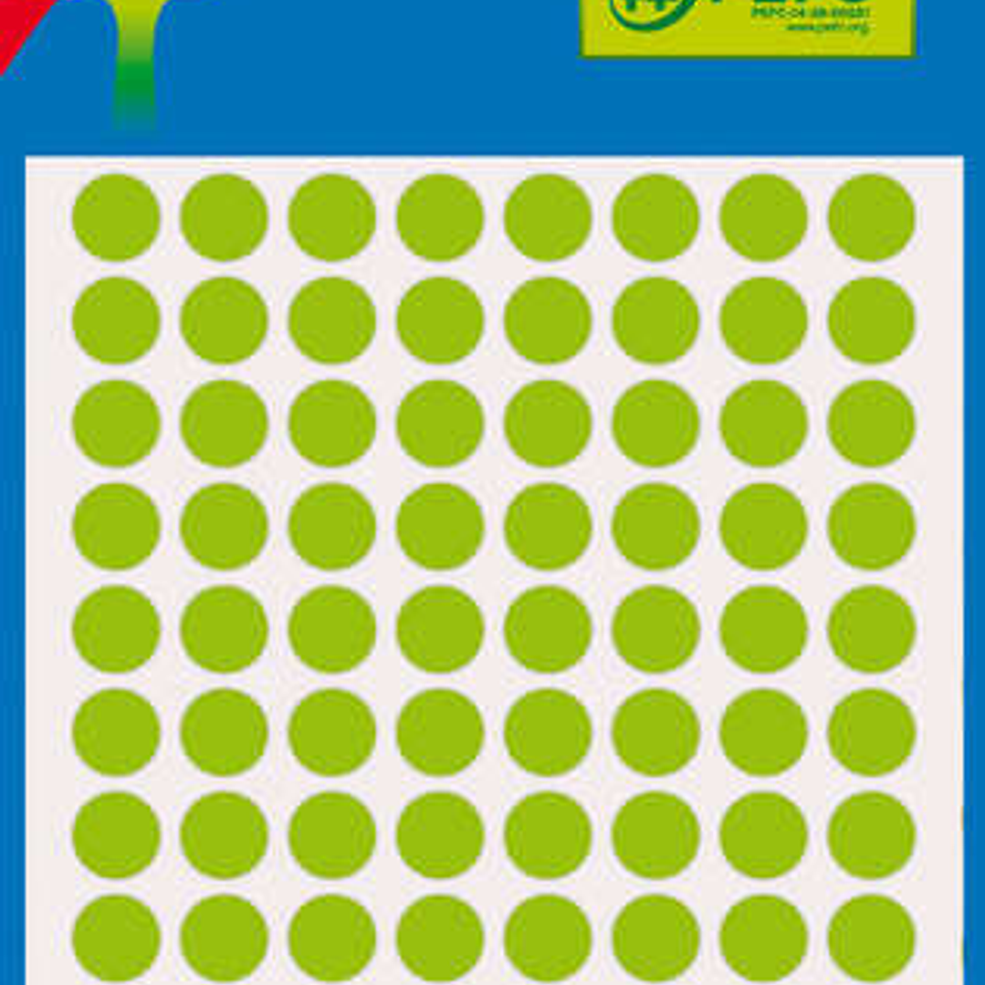 Apli Minibolsa de 288 Etiquetas Redondas Ø 8mm - 3 Hojas por 96 Etiquetas - Adhesivo Permanente - Color Verde Fluor 1