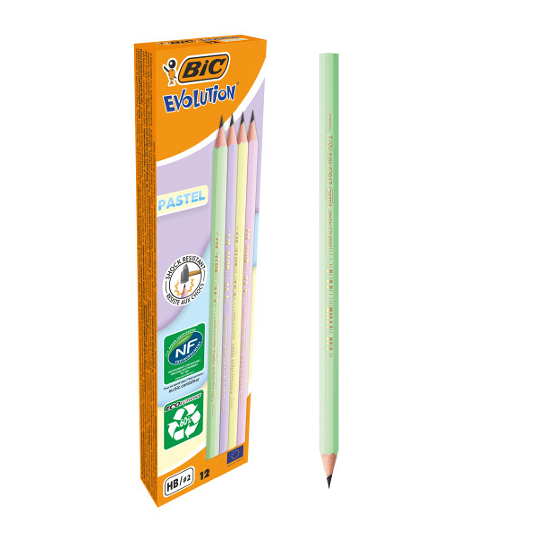 Bic Evolution Pastel Lapiz de Grafito Hexagonal - Mina HB Ultrarresistente - Sin Madera - No se Astilla - Colores Pastel 1