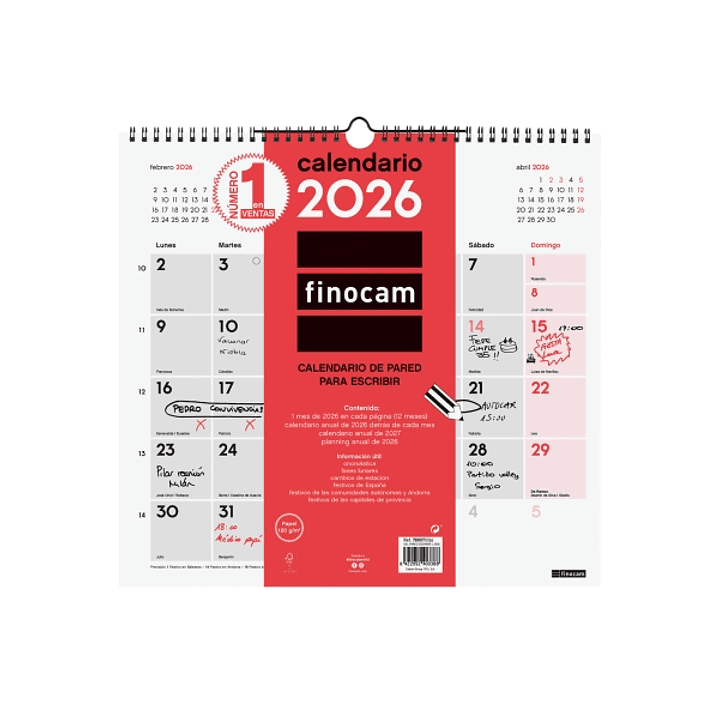 Finocam Calendario de Pared - Anual 2026 - 340x5x330mm - Espacio para Escribir - Color Blanco y Rojo 1