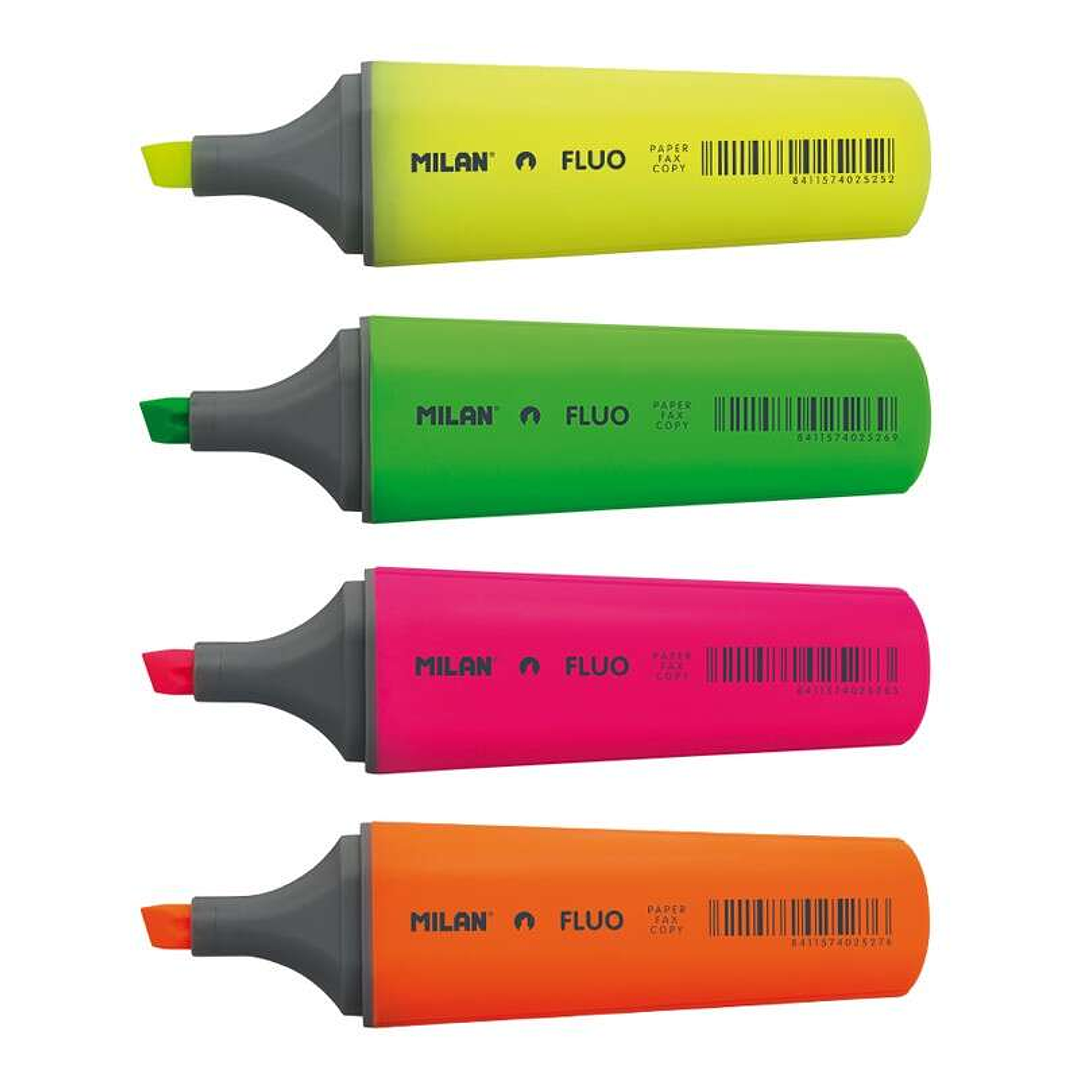 Milan Fluo Pack de 4 Marcadores Fluorescentes - Punta Biselada 1 - 4.8mm - Colores Amarillo, Naranja, Rosa y Verde 1