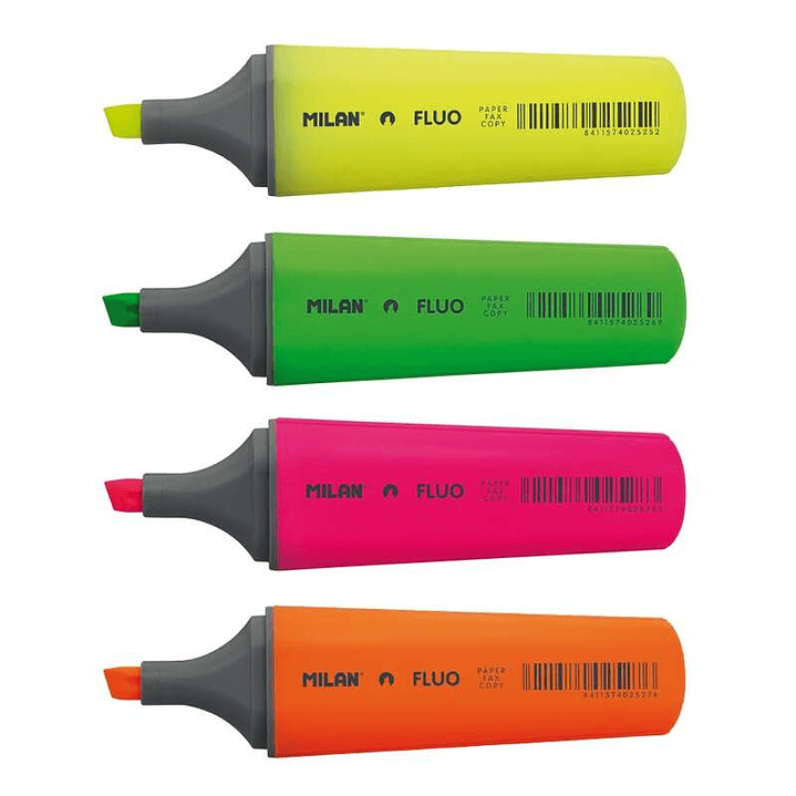Milan Fluo Pack de 4 Marcadores Fluorescentes - Punta Biselada 1 - 4.8mm - Colores Amarillo, Naranja, Rosa y Verde 1