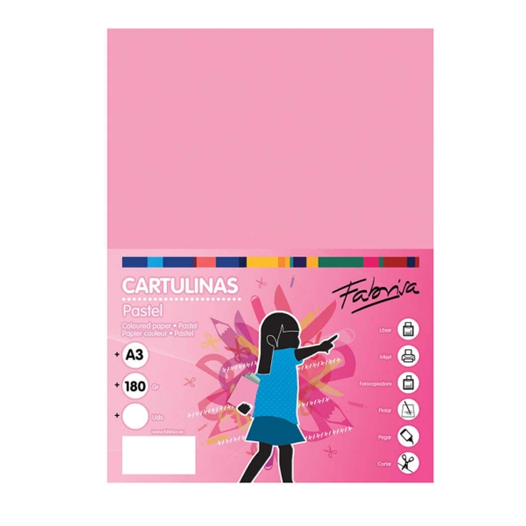 Fabrisa Pack de 25 Cartulinas 180 g/m² - Tamaño A3 - Color Rosa 1