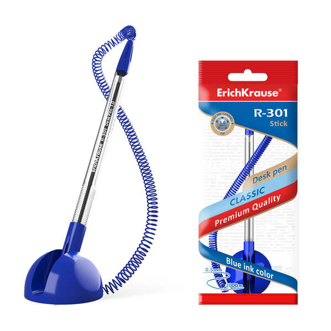 Erichkrause Boligrafo R-301 Desk Pen 1.0 - Punta de 1.0mm - Tinta de Secado Rapido - Cuerpo Hexagonal Transparente - Color Azul 1