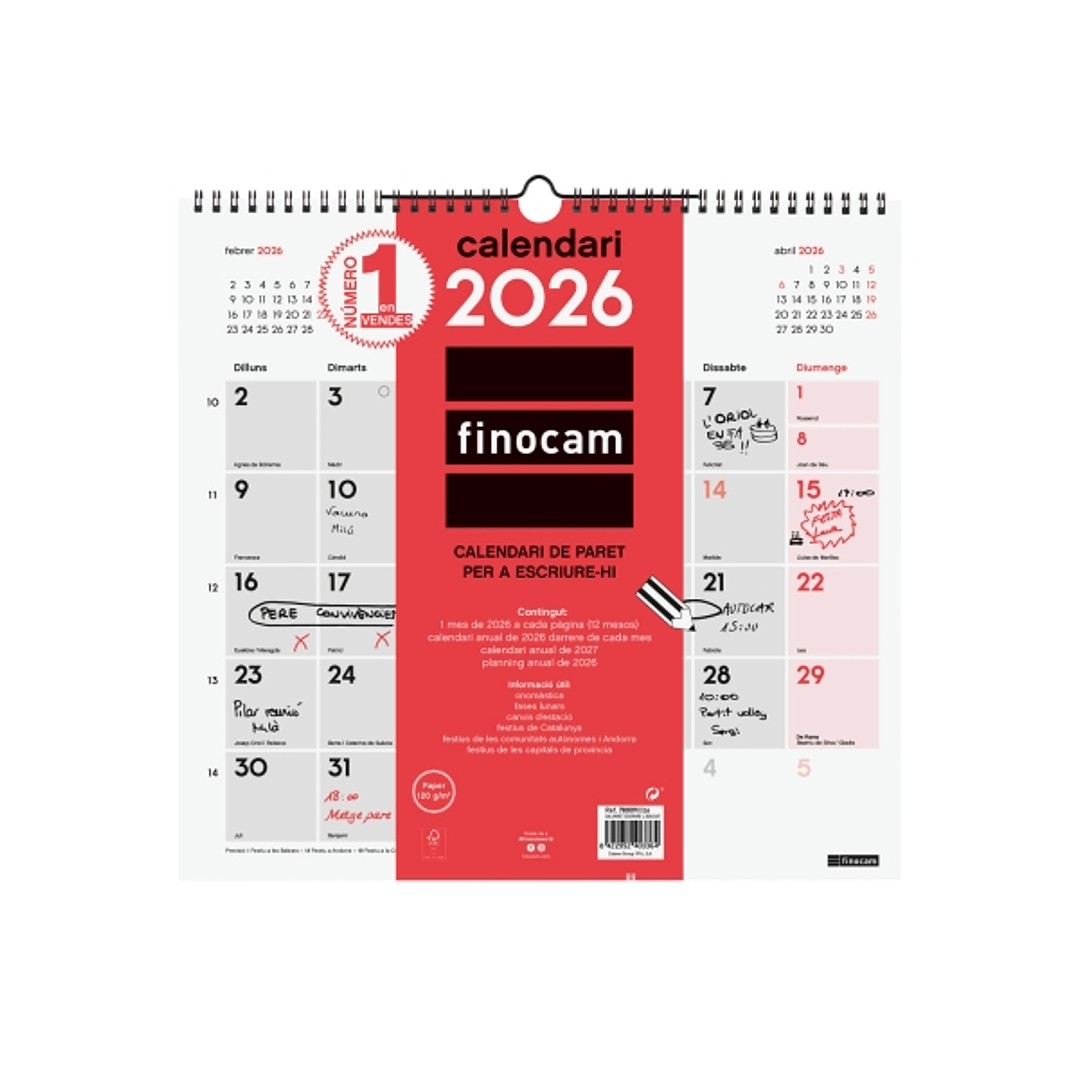 Finocam Calendario de Pared en Catalan - Anual 2026 - 340x5x330mm - Espacio para Escribir - Color Blanco y Rojo 1