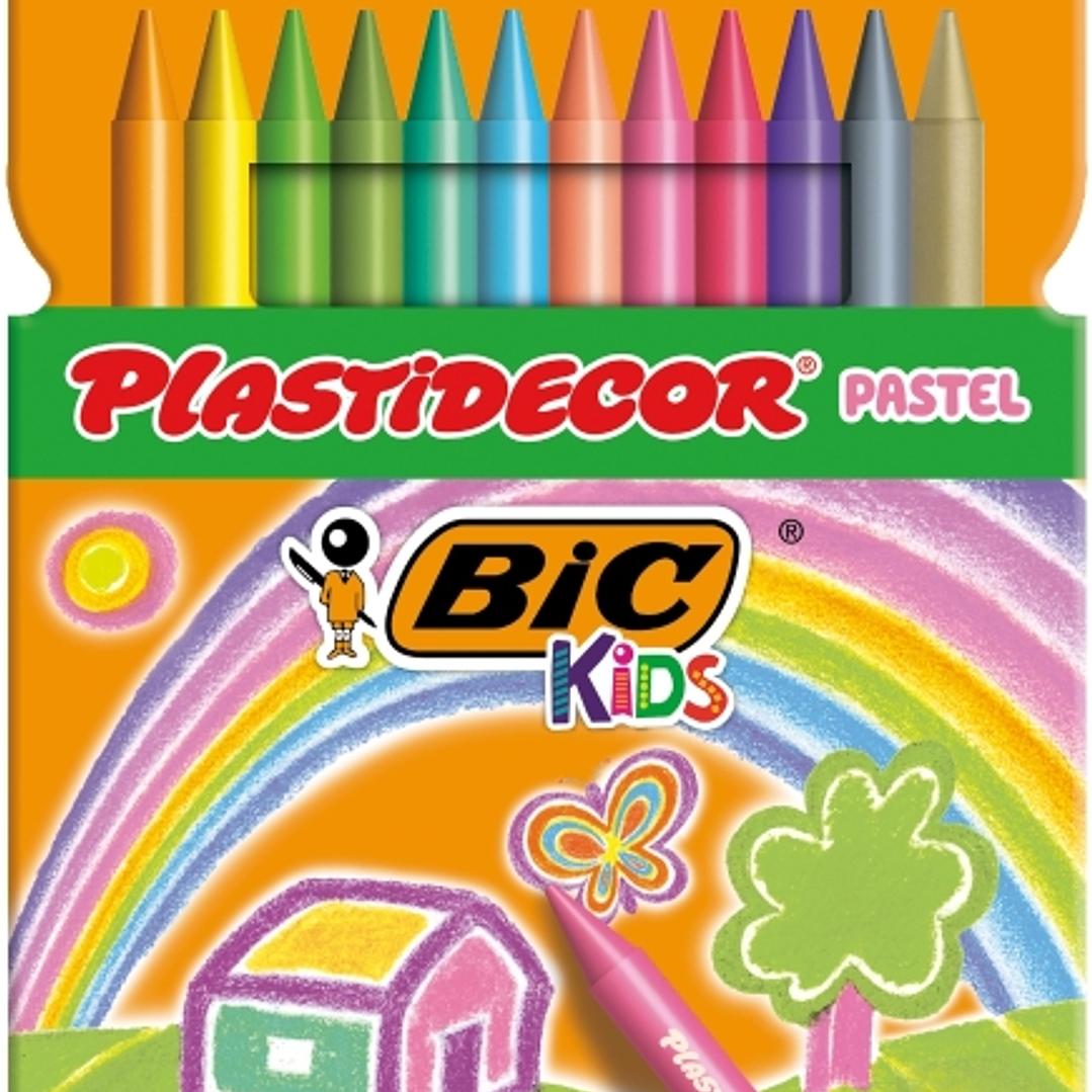 Bic Kids Plastidecor Pastel Caja de 12 Lapices de Cera - Extraresistentes - Facil de Sacar Punta - No Mancha - Colores Pastel Surtidos 1