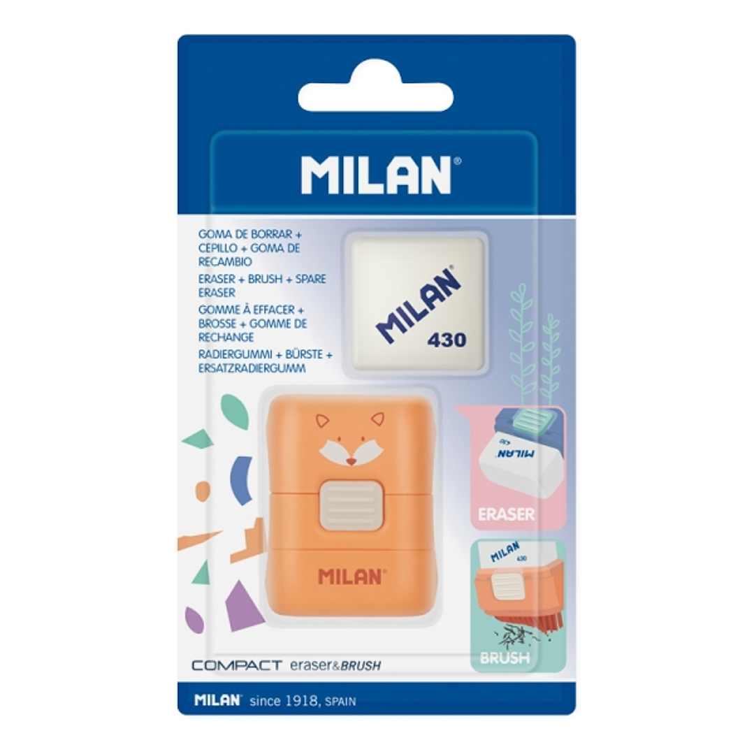 Milan Compact Fun Animals Goma de Borrar con Cepillo - Incluye Recambio - Colores Surtidos 1