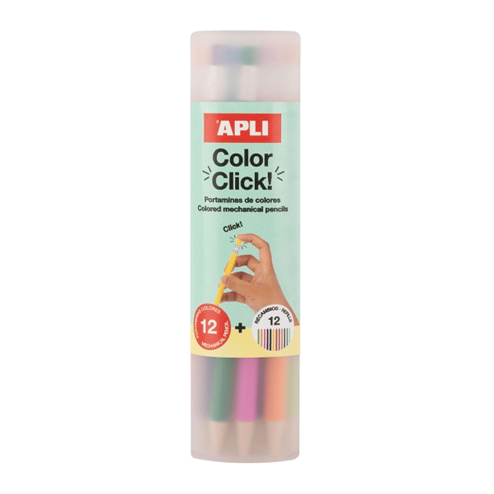 Apli Color Clik Pack de 12 Portaminas con Minas de Colores 2.6mm + 12 Recambios + 1 Sacapuntas - Forma Redonda - Colores Surtidos 1
