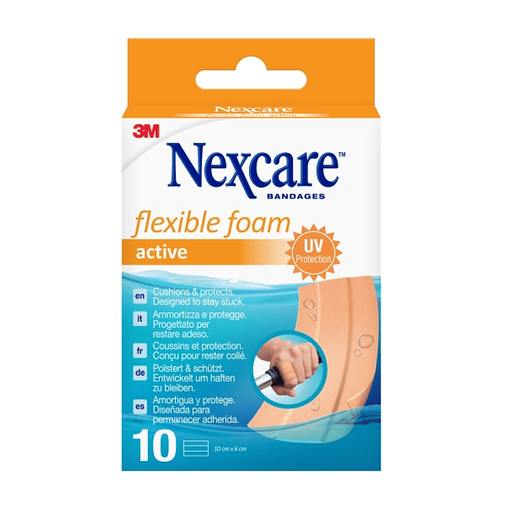 Nexcare Active Flexible Foam Pack de 10 Apositos para Heridas - 6x10cm - Transpirable - Resistente al Agua - Color Piel 1