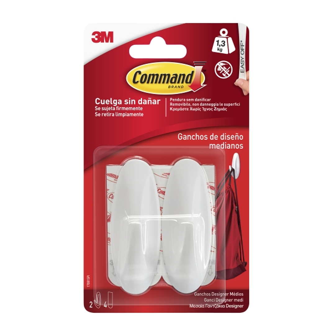 Command Pack de 2 Ganchos Medianos - 4 Tiras Adhesivas - Soporta hasta 1.3kg - Color Blanco 1