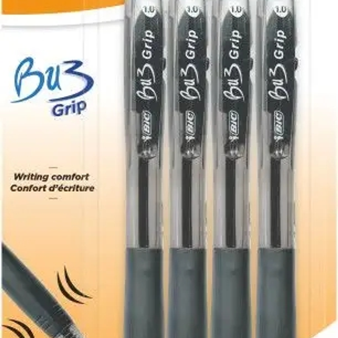 Bic Bu3 Pack de 4 Boligrafos Retractiles - Punta Media de 1mm - Trazo 0.32mm - Grip de Goma - Escritura mas Fluida - Color Negro 1