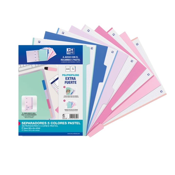 Oxford Strongline A4 Separadores 5 Posiciones - Plastico Opaco Resistente - 4 Taladros para Facil Colocacion - Grosor de 500 Micras - Tamaño Estandar  1