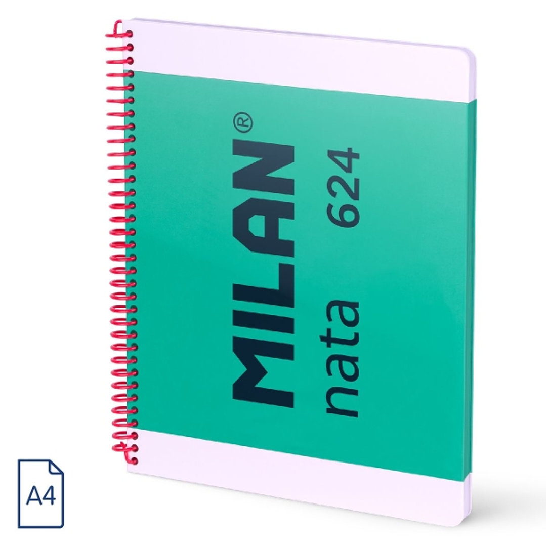 Milan Nata 624 Cuaderno Espiral Formato A4 Liso - 80 Hojas de 95 gr/m2 - Microperforado, 4 Taladros - Color Verde 1