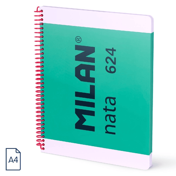 Milan Nata 624 Cuaderno Espiral Formato A4 Liso - 80 Hojas de 95 gr/m2 - Microperforado, 4 Taladros - Color Verde 1