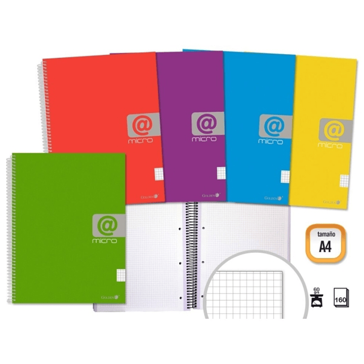 Golden Cuaderno Espiral A4 160 Hojas 60grs Cuadricula 5x5 - Hojas Microperforadas con 4 Taladros y 4 Bandas de Color - Tapa Resistente Forrada - Color 1