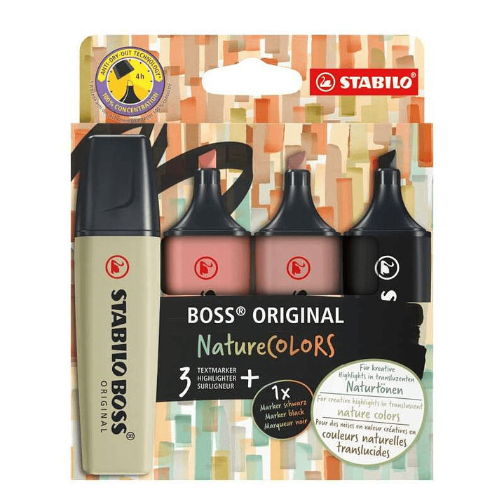 Stabilo Boss Naturecolors Pack de 4 Marcadores - Trazo entre 2 y 5mm - Tinta con Base de Agua - Colores Negro, Ocre Oscuro, Siena y Verde Barro 1