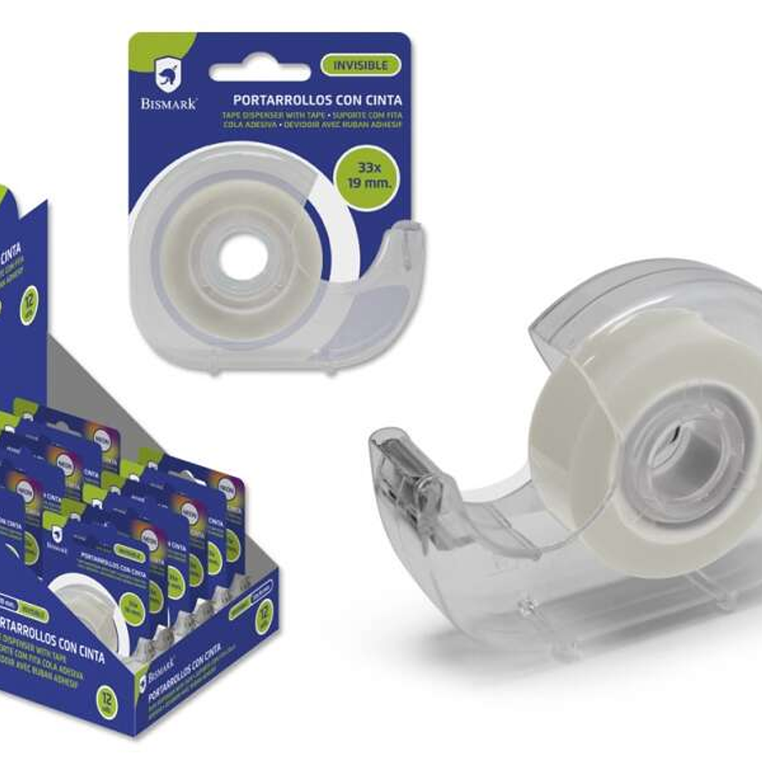 Bismark Cinta Adhesiva Invisible 19mmx33m con Portarrollos - Cuerpo de Plastico - Ideal para Uso Escolar - Transparente 1