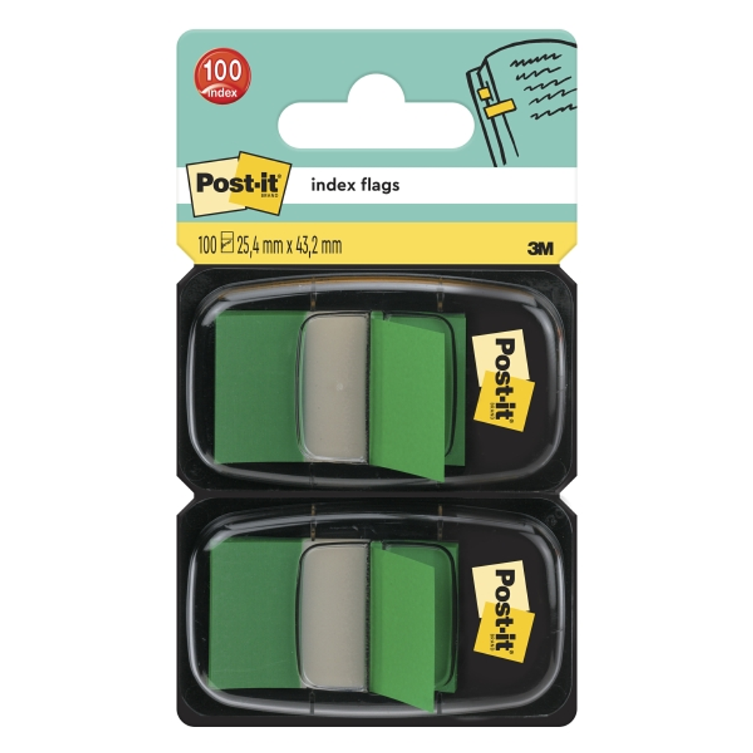 Post-It Index Pack de 2 Dispensadores con 50 Marcadores de Indice Reposicionables - Forma Rectangular - Color Verde 1