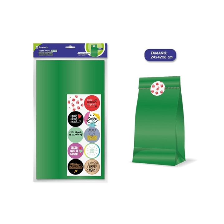 Bismark Pack de 10 Sobres Papel Kraft 50grs con 10 Pegatinas para Cierre - Medidas 24x42x6cm - Ideal para Regalos - Color Verde 1