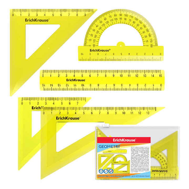 Erichkrause Pack de 5 Reglas de Dibujo - Regla de 15cm - Escuadra de 7cm/45º, 9cm/45º, 13cm/60º - Transportador de 180º/10cm - Color Amarillo 1