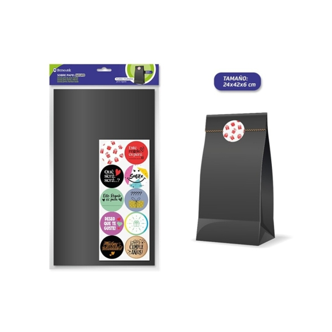 Bismark Pack de 10 Sobres Papel Kraft 50grs con 10 Pegatinas para Cierre - Medidas 24x42x6cm - Ideal para Regalos - Color Negro 1