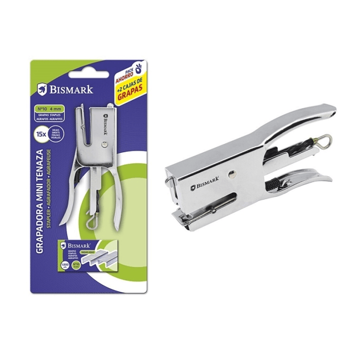 Bismark Grapadora Mini Tenaza Cromada + 2000 Grapas - Capacidad de Grapado 15 Hojas - Diseño Ergonomico - Alta Durabilidad - Color Plata 1