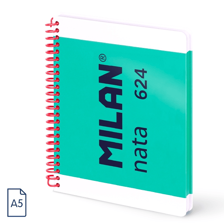 Milan Nata 624 Cuaderno A5 con Espiral - Papel a Lineas de 7mm - 80 Hojas de 95g - Tapa Dura - Color Verde 1
