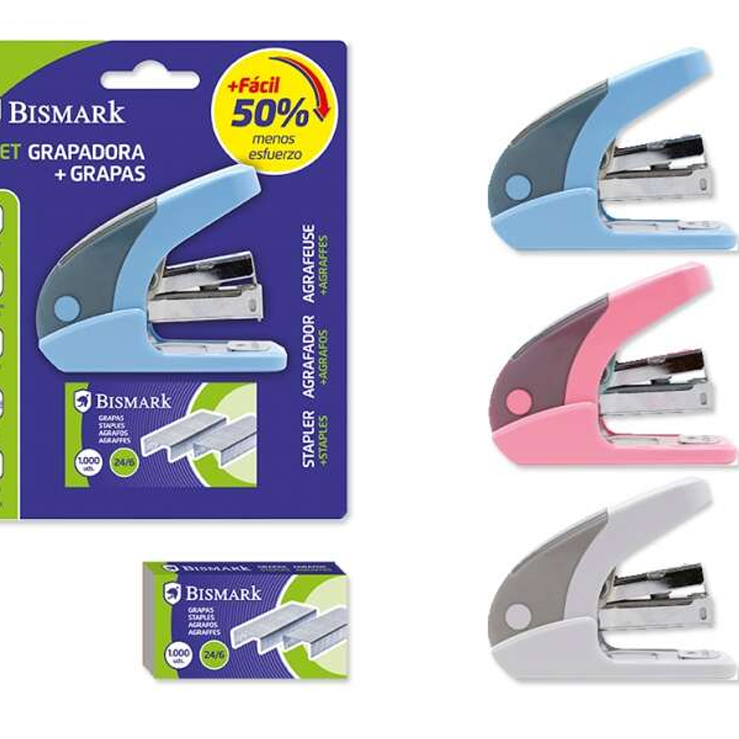 Bismark Grapadora sin Esfuerzo  - Sistema Revolucionario - 50% Menos Esfuerzo - Incluye Grapas - Colores Surtidos 1