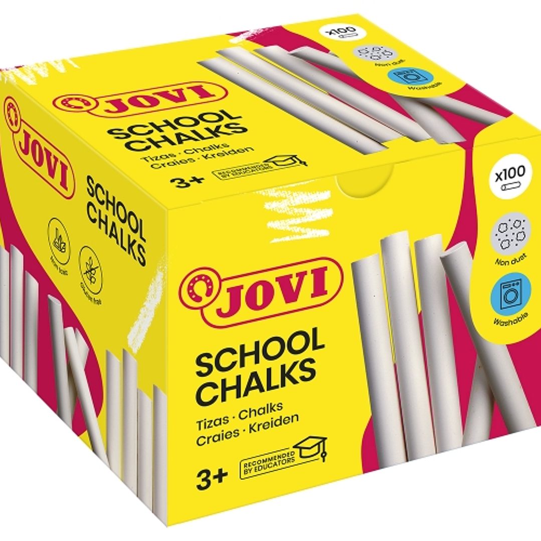 Jovi Classcolor Caja de 100 Tizas Antipolvo Blancas - Compactas - sin Polvo - Materias Primas Naturales - Trazos Nitidos - Faciles de Borrar - Resiste 1