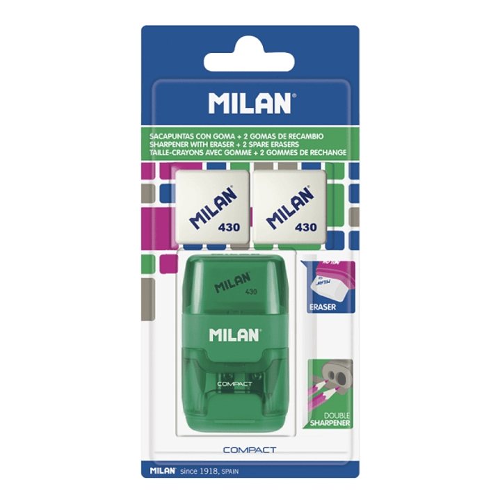 Milan Compact Afilaborra - 2 Gomas de Recambio - Cuchilla de Acero de Seguridad - Doble Agujero para Normal y Maxi - Colores Surtidos 1