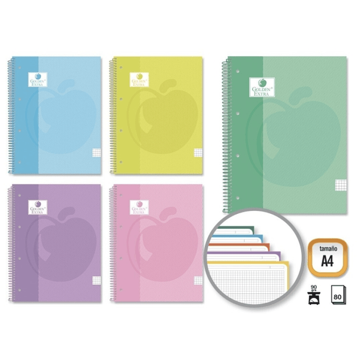 Golden Extra Cuaderno Espiral A4 80 Hojas 90grs Cuadricula 5x5 - Hojas Microperforadas con Banda de Color - Tapa Extradura Forrada - Colores Pastel Su 1