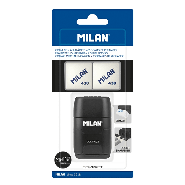 Milan Compact Shadow Afilaborra - 2 Gomas de Recambio - Cuchilla de Acero de Seguridad - Doble Agujero para Normal y Maxi - Color Negro 1