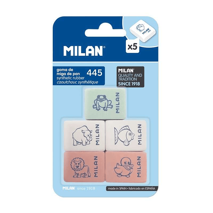 Milan 445 Pack de 5 Gomas de Borrar Rectangulares - Miga de Pan - Suave Caucho Sintetico - Dibujos Infantiles - Colores Surtidos 1