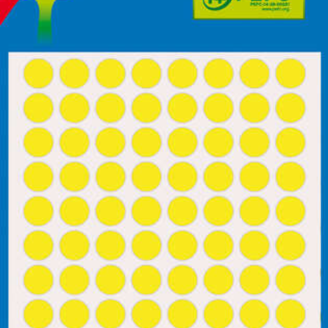 Apli Minibolsa de 288 Etiquetas Redondas Ø 8mm - 3 Hojas por 96 Etiquetas - Adhesivo Permanente - Color Amarillo Fluor 1