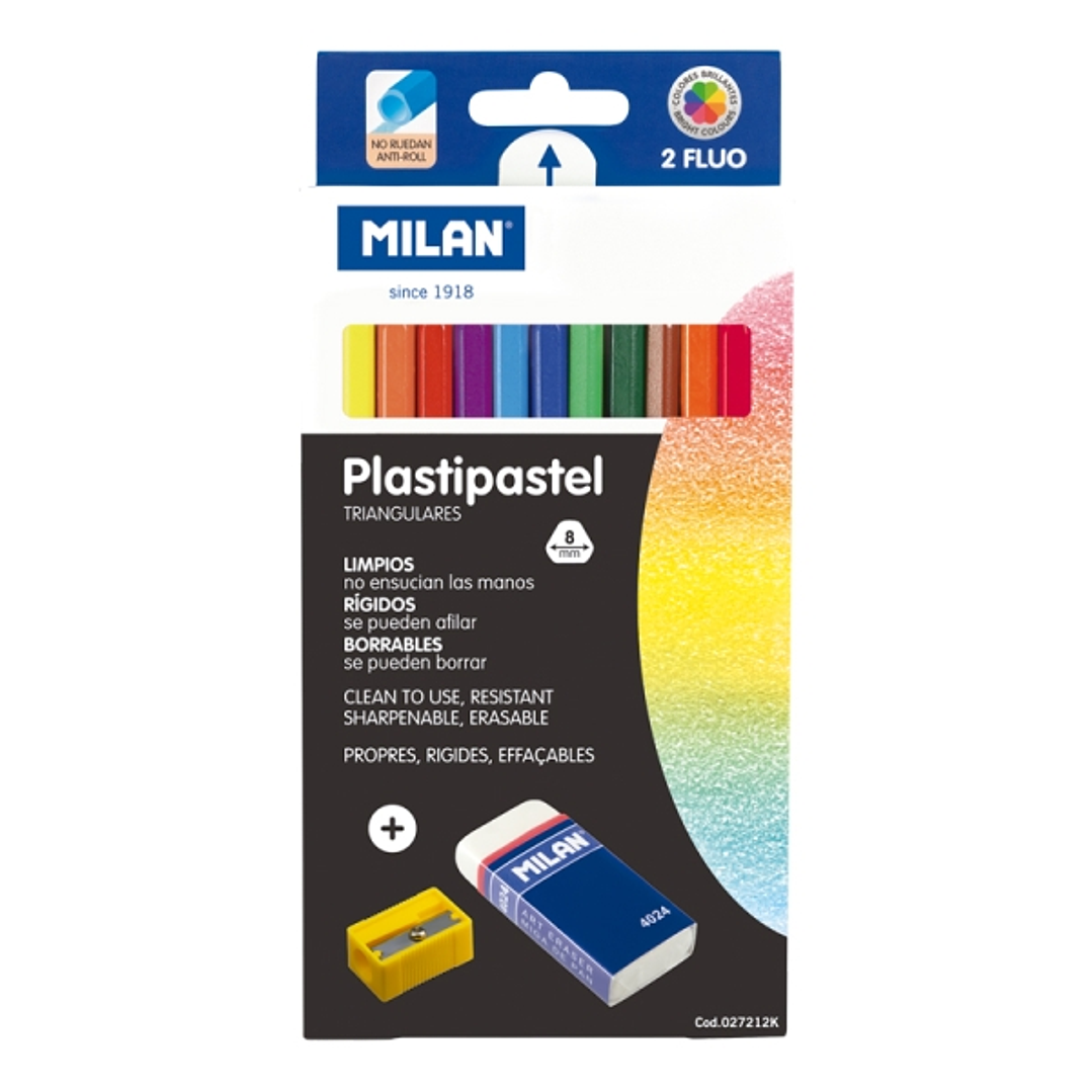 Milan Plastipastel Pack de 12 Ceras de Colores Triangulares - Incluye Goma y Sacapuntas - Bandeja Interior - Colores Surtidos 1