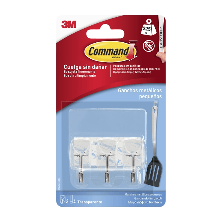 Command Pack de 3 Ganchos Compactos - Punta de Alambre - 4 Tiras Adhesivas - Soporta hasta 225G - Talla S - Color Blanco 1