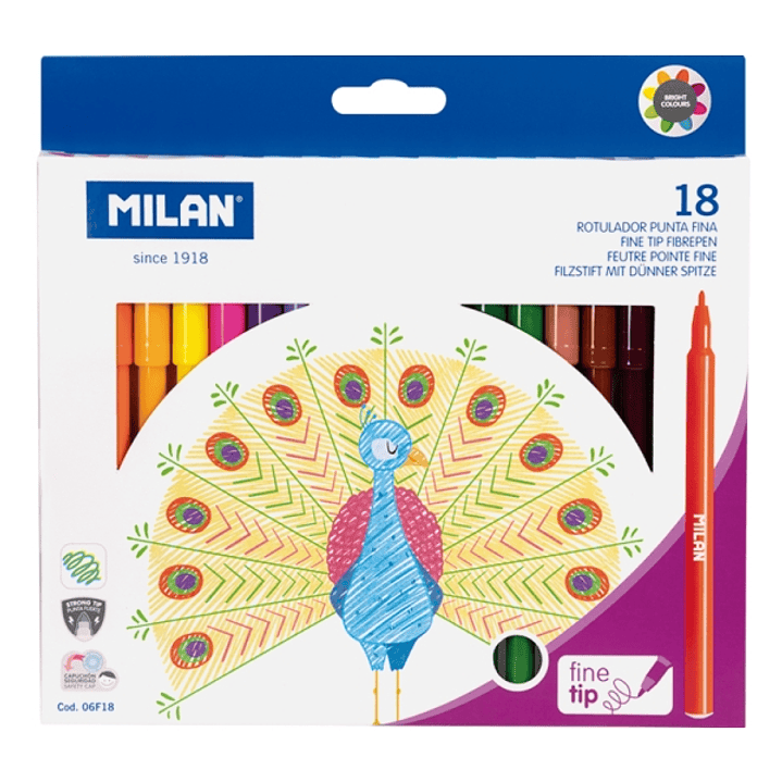 Milan Pack de 18 Rotuladores - Tinta al Agua - Punta Fina 2mm - 154mm - Colores Surtidos 1