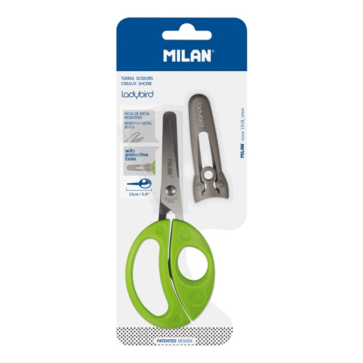 Milan Ladybird Tijeras con Funda - Mango Ergonomico - Punta Redondeada - Acero Inoxidable de 15cm - Color Verde 1
