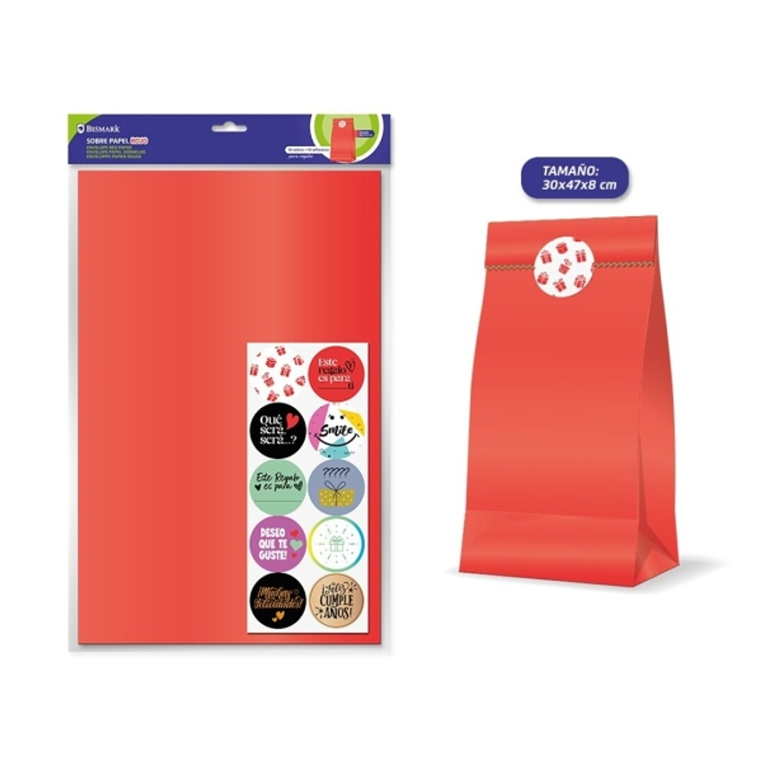 Bismark Pack de 10 Sobres Papel Kraft 50grs con 10 Pegatinas para Cierre - Medidas 30x47x8cm - Ideal para Regalos - Color Rojo 1