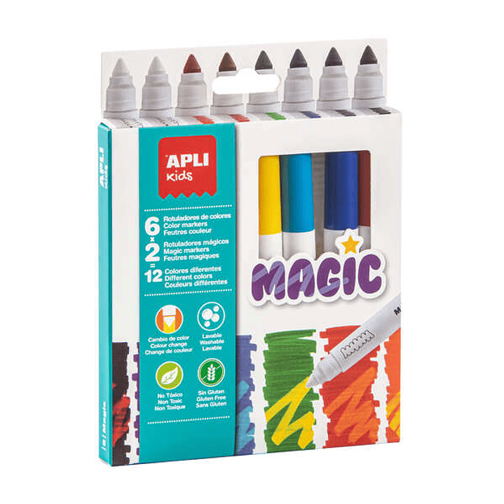 Apli Kids Rotuladores Magic - Ø 14.4x137 mm - Cambio de Color con 2 Blancos - Cuerpo Cilindrico y Punta Redonda Bloqueada de Ø 7.5 mm - Tinta de Larga 1