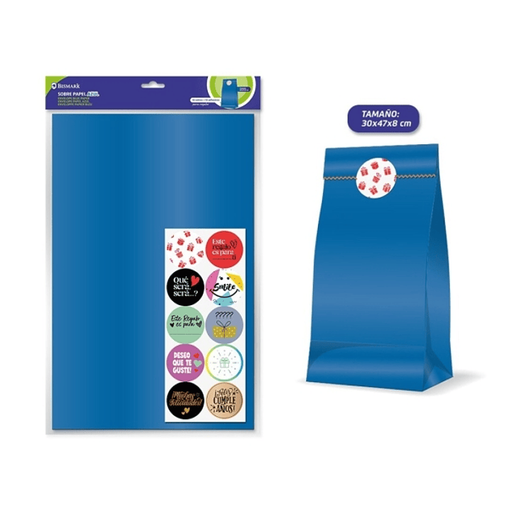 Bismark Pack de 10 Sobres Papel Kraft 50grs con 10 Pegatinas para Cierre - Medidas 30x47x8cm - Ideal para Regalos - Color Azul 1
