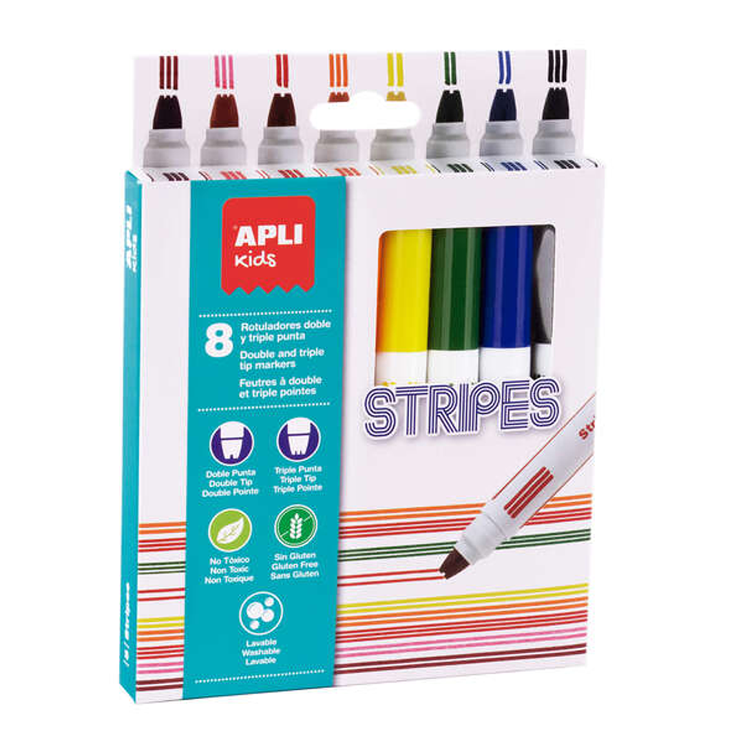 Apli Stripes Pack de 8 Rotuladores - Ø 14.4x137 mm - Doble O Triple Punta Redonda Bloqueada - Lavables, No Toxicos y de Larga Duracion 1