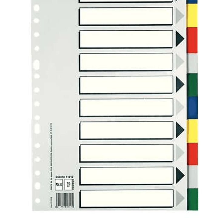 Esselte 713 Bolsa de 10 Separadores de Plastico - 10 Pestañas / 5 Colores - Multitaladro - Formato Folio 1