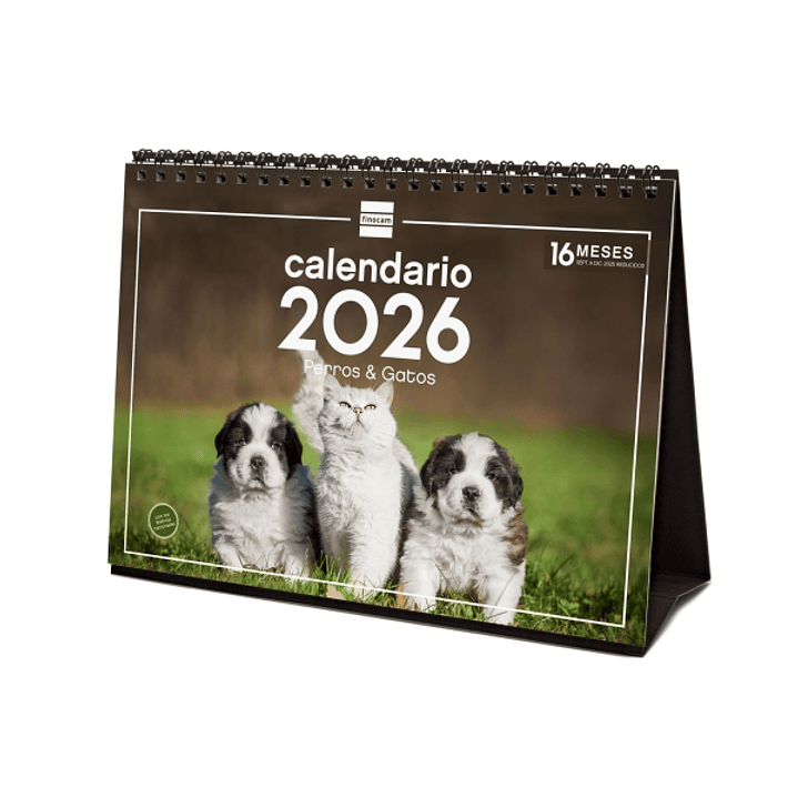 Finocam Calendario de Sobremesa - Anual 2026 - Imagenes Variadas - Espacio para Escribir - Tematica de Perros y Gatos 1
