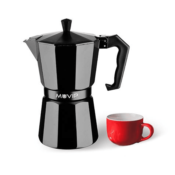 Muvip MV0603 Cafetera de Aluminio - Capacidad 1 Taza - Mango Ergonomico - Antiadherente - Apta para Placas Electricas, Vitroceramicas y Gas - Color Ne 1