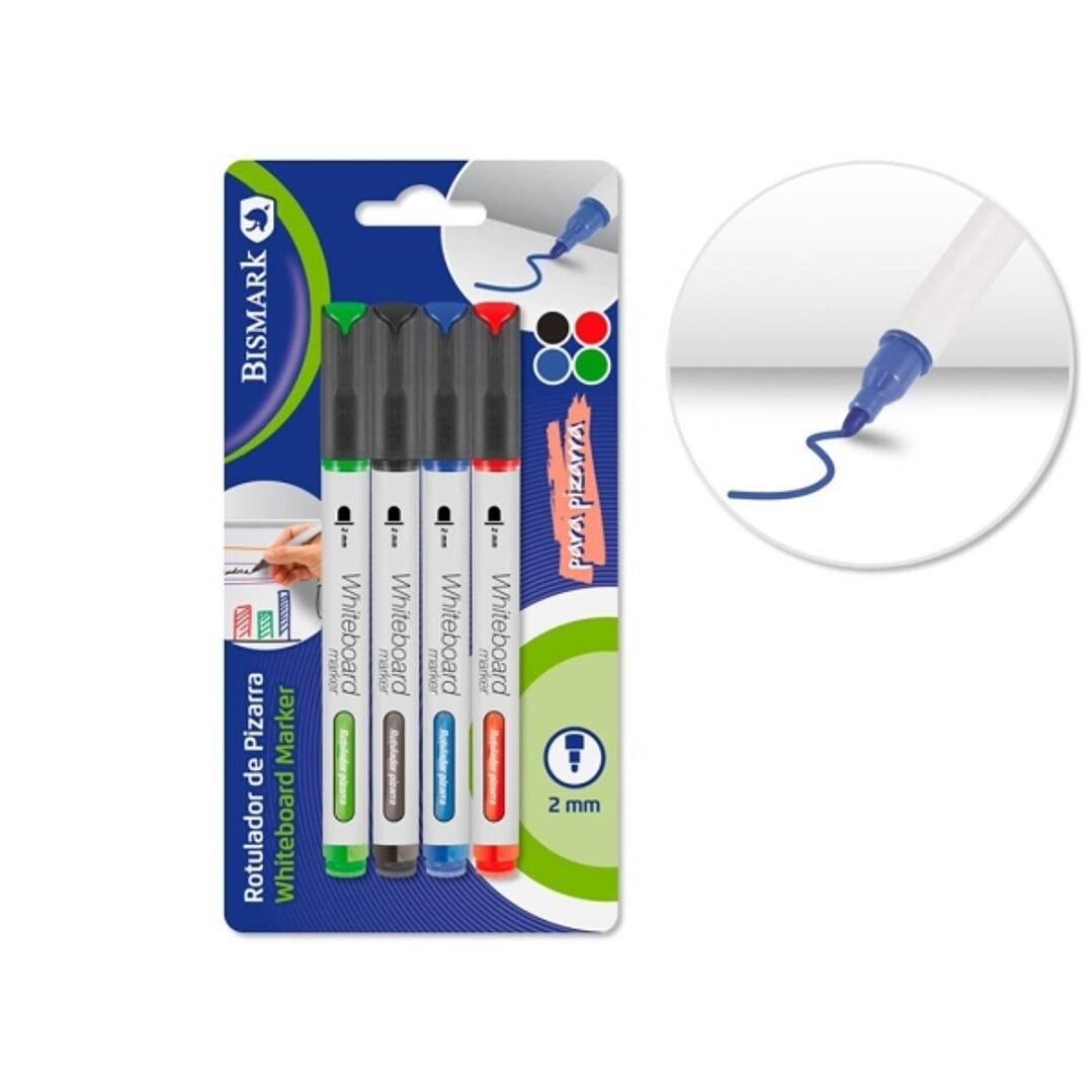 Bismark Pack de 4 Rotuladores para Pizarra Blanca - Punta Redonda 2mm - Colores Surtidos 1