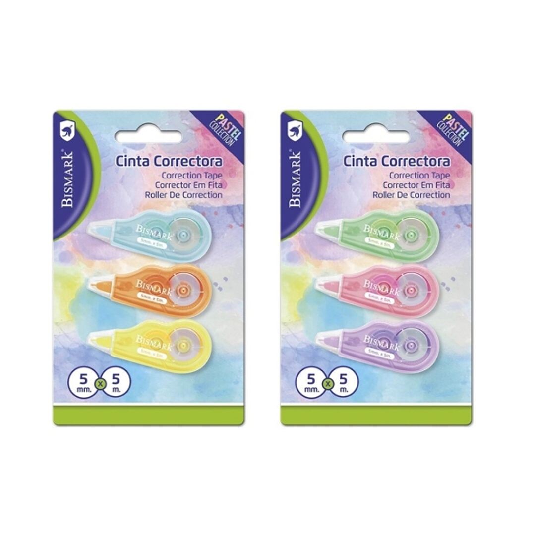 Bismark Mini Pastel Pack de 3 Cintas Correctoras 5mmx5m - Perfecta Adherencia al Papel - Presentacion en Blister - Cuerpo de Colores Pastel Surtidos 1