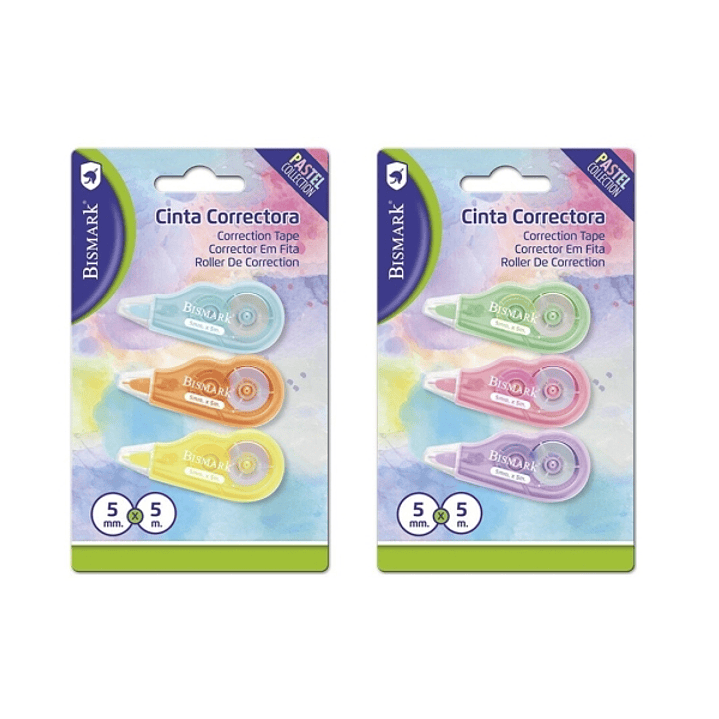 Bismark Mini Pastel Pack de 3 Cintas Correctoras 5mmx5m - Perfecta Adherencia al Papel - Presentacion en Blister - Cuerpo de Colores Pastel Surtidos 1