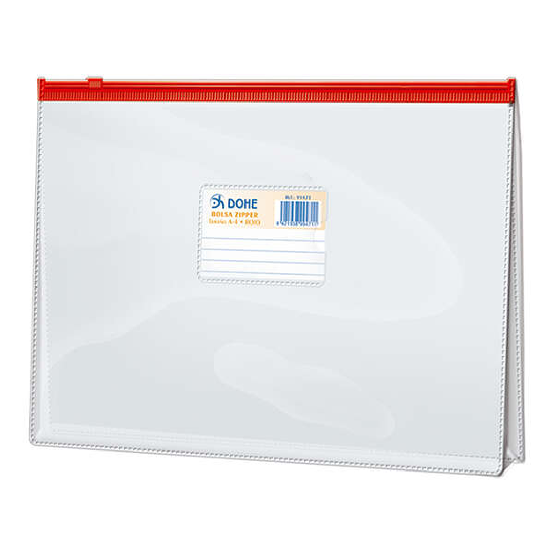 Dohe Bolsa Zipper Folio Apaisado PVC Transparente 150 Micras - Apertura Superior - Cierre Zip Hermetico en Color Rojo 1