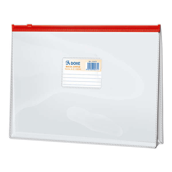 Dohe Bolsa Zipper Folio Apaisado PVC Transparente 150 Micras - Apertura Superior - Cierre Zip Hermetico en Color Rojo 1
