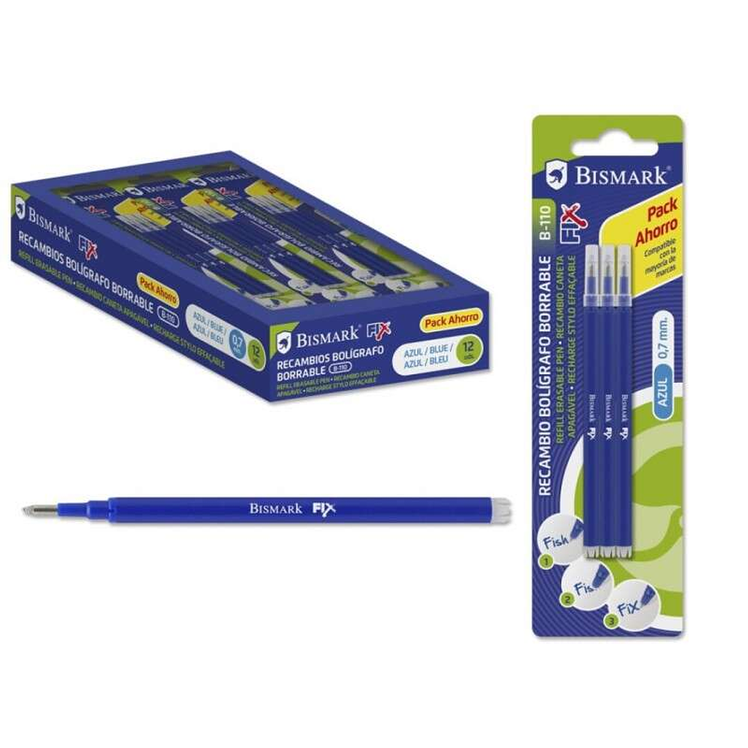 Bismark Fix Pack de 3 Recambios para Boligrafo Borrable - Punta Fina 0.7mm - Color Azul 1